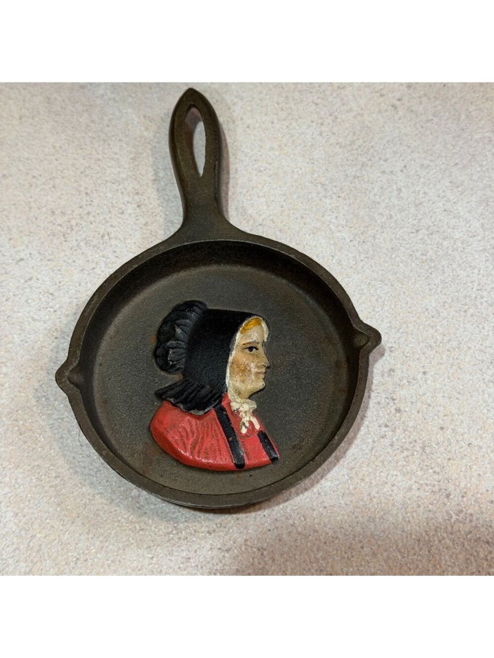 Vintage Mini Cast Iron Skillet Amish Woman Pennsylvania Dutch PA 6.5" x 4"
